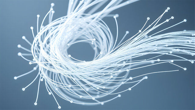Abstract futuristic glowing fiber optic cables swirling in a circular motion on a blue background, representing high speed data transfer and internet connection.