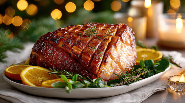 Glazed christmas ham on a festive holiday dinner table, serving traditional seasonal food, surrounded by warm candlelight and blurred golden bokeh lights creating a cozy atmosphere