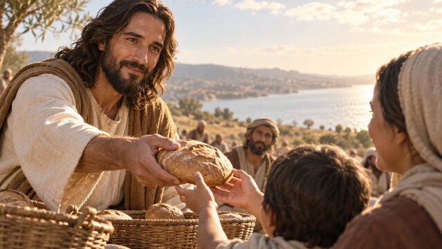 Jesus shares bread with people beside a lake. Feeding of the five thousand, biblical miracle. Christian faith and generosity. Gospel story of nourishment, sharing and community.