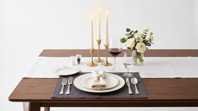 Elegant Dining Table Setting with Candles and Flowers