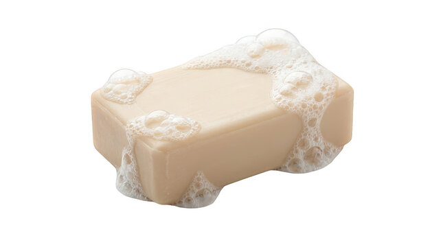 Bar of soap with foam bubbles isolated on transparent background