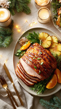 Glazed ham roast sliced and garnished with orange slices, pineapple chunks and rosemary on a platter &mdash; festive centerpiece for holiday dinners and special occasion feasts