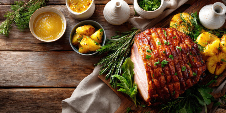 Baked ham carving, glazed with rosemary and pineapple, serving festive christmas dinner, holiday celebration meal on a decorated table with candles and pine