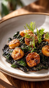 Mexican romeritos dish with pan-seared scallops, roasted potatoes, and broccoli florets, served in a rich mole sauce and garnished with fresh microgreens