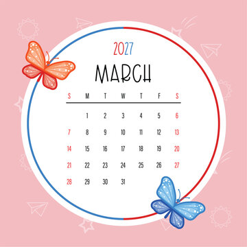Cute March 2027 Kids Calendar Template with Colorful Butterflies