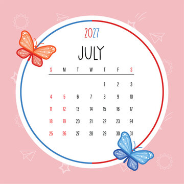 Cute July 2027 Kids Calendar Template with Colorful Butterflies