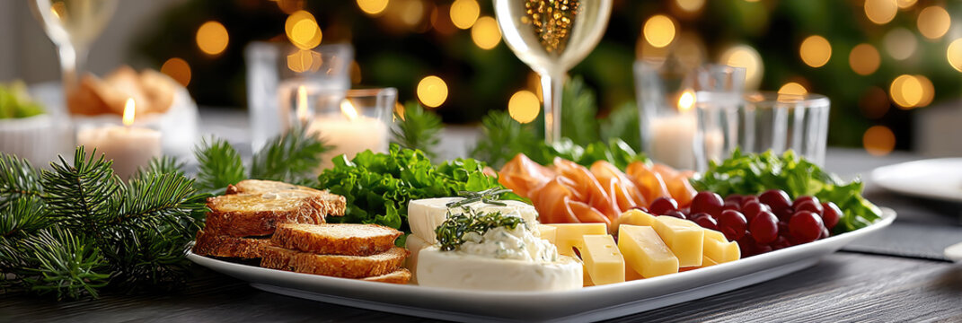 Appetizer board featuring an assortment of cured meats, various cheeses, fresh olives, artisan bread, and creamy herbed spread, perfect for holiday gatherings and celebratory occasions