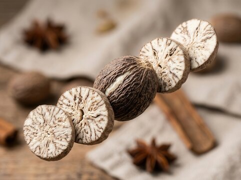 Whole and sliced nutmeg spice with star anise and cinnamon sticks on rustic wooden background culinary ingredients