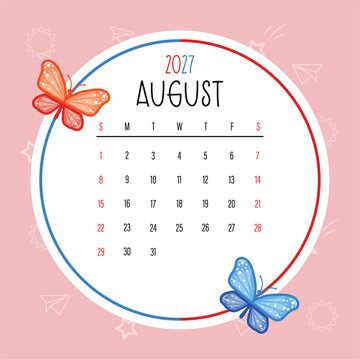 Cute August 2027 Kids Calendar Template with Colorful Butterflies