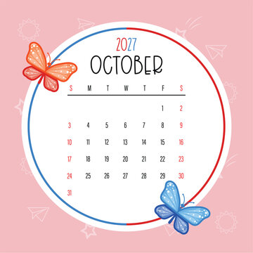 Cute October 2027 Kids Calendar Template with Colorful Butterflies