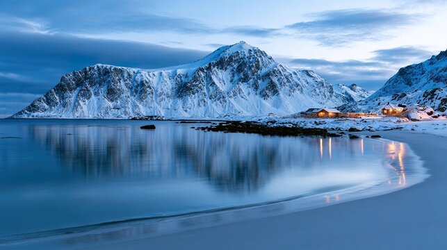 Snow covered mountains with illuminated cabin on beach at blue hour.