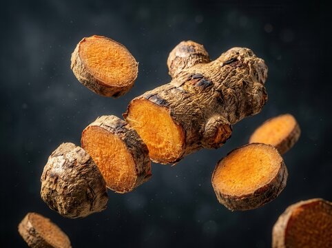 Fresh Turmeric Root Slices Floating and Falling Against Dark Background Ayurvedic Spice Vibrant Orange Color Healthy Ingredient