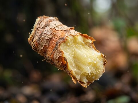 Organic Galangal Root Floating Outdoors Close up Macro Shot of Fresh Aromatic Spice with Textured Brown Skin and Light Yellow Fibrous Interior