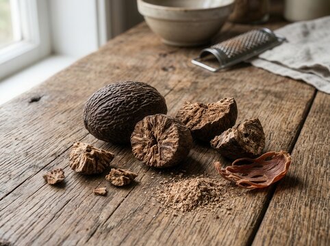 Whole and cracked nutmeg seeds with mace and grated spice on rustic wooden table overhead view
