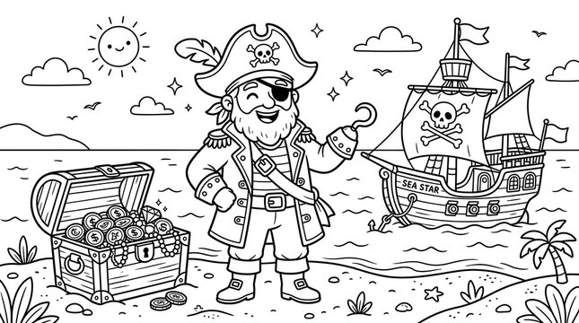 Pirate captain with treasure chest and ship on a beach coloring page