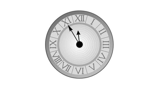 Animated silver clock with Roman numerals ticking toward midnight on white background for countdown and deadline concepts. 