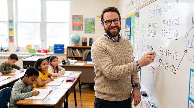 Instructor smiling at the camera while holding a marker near a solved problem on a wall panel as elementary students study at their wooden desks nearby.