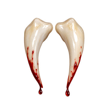 Bloody Fangs: A pair of eerie, sharp fangs stained with blood, evoking a sense of horror and supernatural mystery.