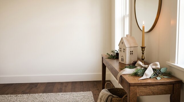 Cozy rustic console table decorated for Christmas holiday celebration with natural light