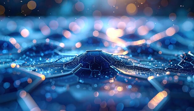 Abstract blue hexagonal digital network with glowing lights.