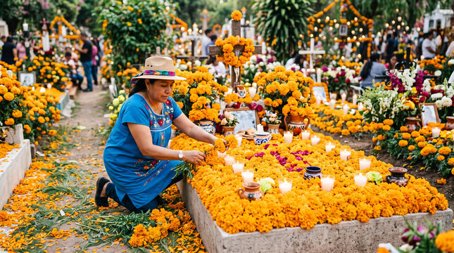 Woman decorating a grave with vibrant cempas&uacute;chil flowers during D&iacute;a de los Muertos in Michoac&aacute;n, Mexico, honoring deceased loved ones in a traditional memorial celebration.