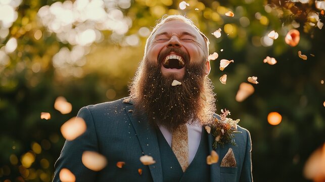 Joyful bearded man laughs with eyes closed, surrounded by falling petals amidst a sunny, outdoor, celebratory setting