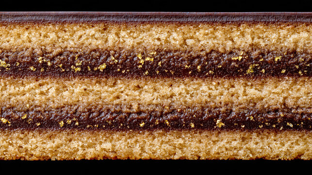 Close-up of layered chocolate dessert with golden crunch topping