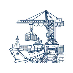 Fototapeta premium Cargo ship being loaded by a large port crane with a shipping container, symbolizing global logistics and international trade operations at a busy commercial dock.
