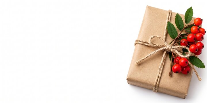 Wrapped Christmas gift with red berries and green leaves