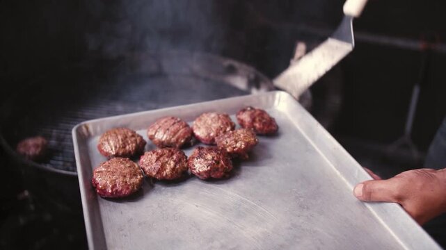 Freshly Grilled Meat Patties Served on a Metal Tray &ndash; Cooking Food Preparation Video