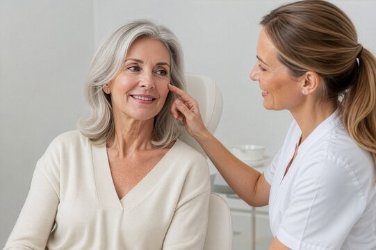 Mature woman receiving personalized skincare advice, illustrating healthy aging, age-inclusive beauty and professional skincare.