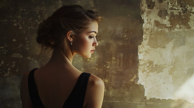 Elegant woman with dark hair gazes thoughtfully toward textured wall, conveying quiet introspection and timeless beauty