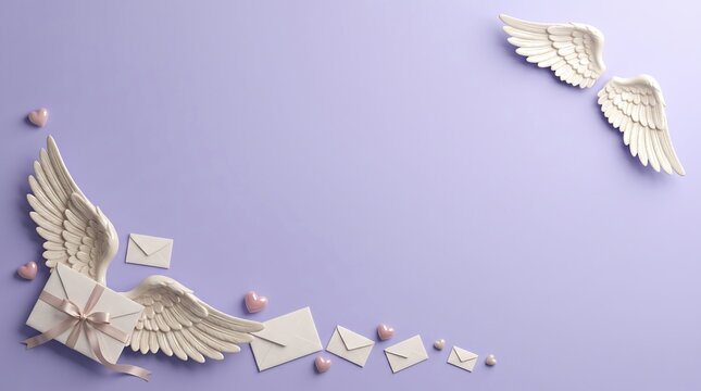 White angel wings and love letters on a purple background with copy space