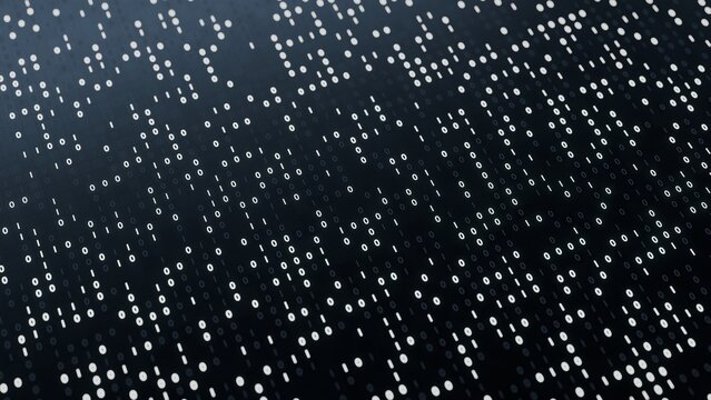 Abstract 3D monochrome binary numbers background. Minimal white zero and one code streams with depth of field on dark grey for data science computing and artificial intelligence presentation.
