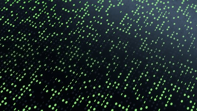 Abstract 3D green binary numbers with depth of field. Glowing phosphor zero and one code stream in perspective for cybersecurity programming machine code and modern computing backdrop.