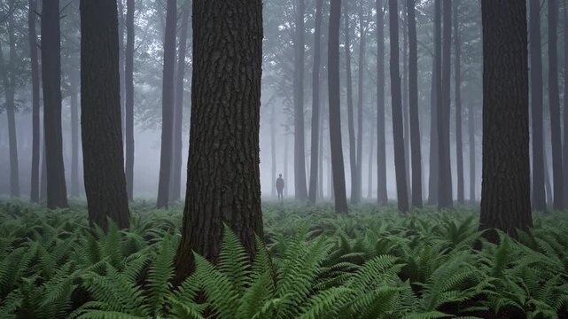Silent forest with tall misty trees, Serene woodland landscape featuring towering foggy trees and dense bushes, Peaceful wooded area with mistcovered tall trees and lush undergrowth