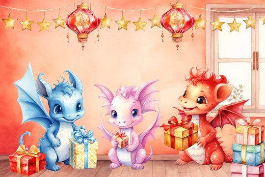 Three cute dragons with gifts in a festive room with lanterns.