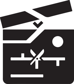Black and white vector graphic of a movie clapperboard icon