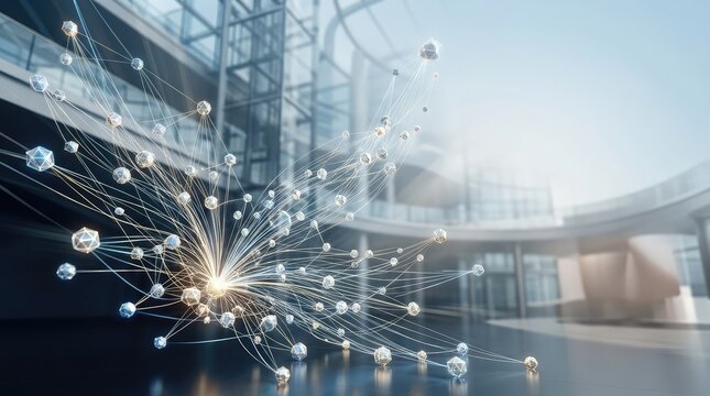 Background of abstract digital data particles exploding inside a modern office