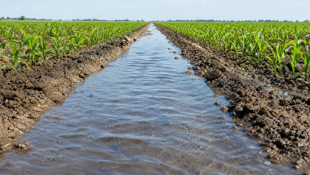 Flowing Through Soil Furrow for Row Crop Irrigation in Green Agricultural Farm Field