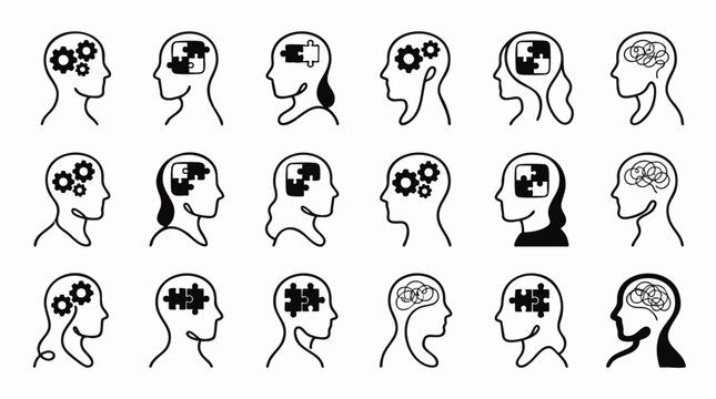 Diverse expressive human silhouettes depicting abstract thought bubbles, concept for mental health awareness, neurodiversity education, and corporate wellness programs