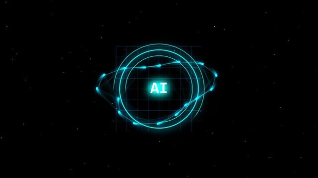 Abstract atomic structure with orbiting electrons in glowing blue digital light during a scientific concept animation