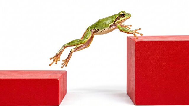Frog jumping across a gap between red blocks