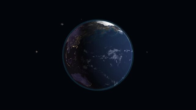 Cinematic visualization of planet Earth rotating slowly in deep space with advanced day/night shaders, atmospheric scatter rim, clouds, and multiple orbiting space rocks, dwarf planets, and celestial