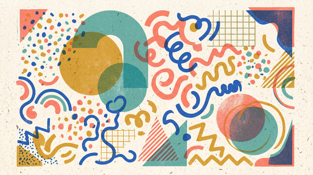 Abstract geometric pattern with colorful shapes and wavy lines in mid century modern style on recycled paper texture background for trendy graphic design and artistic mural concept