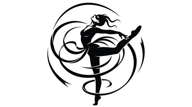 Elegant female dancer silhouette performing graceful artistic movements inside abstract black circular flowing ribbons