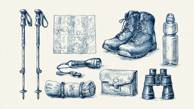 Collection features hand drawn engravings of essential hiking items like boots, poles, and first aid kit for outdoor exploration.