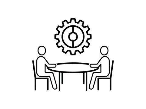 A nice and simple icon of two people sitting at a round table with a huge totally unique gear icon above them