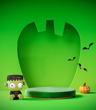 Halloween greeting card design with empty podium for product presentation. 3D Rendering, 3D Illustration