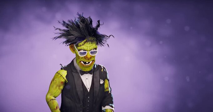 Funny Frankenstein monster character dancing on purple background, 3D animation of a green zombie creature in a suit and glasses for Halloween